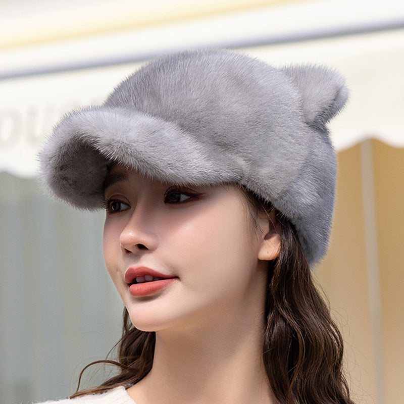 CUTE MINK FUR CAT EAR BASEBALL CAP