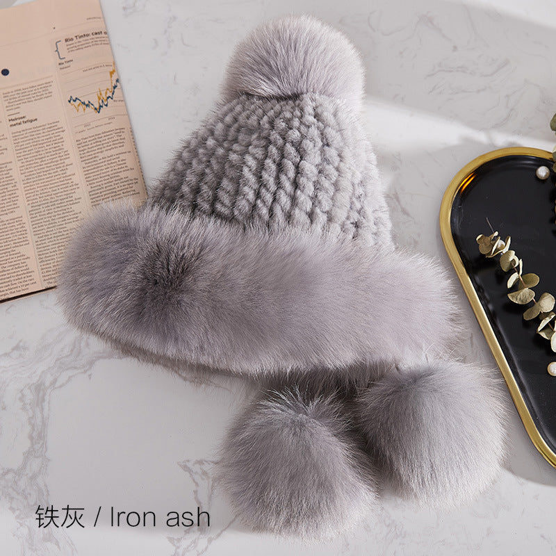 CUTE FOX FUR POM POM HAT - WOMEN'S WINTER EAR FLAP HAT