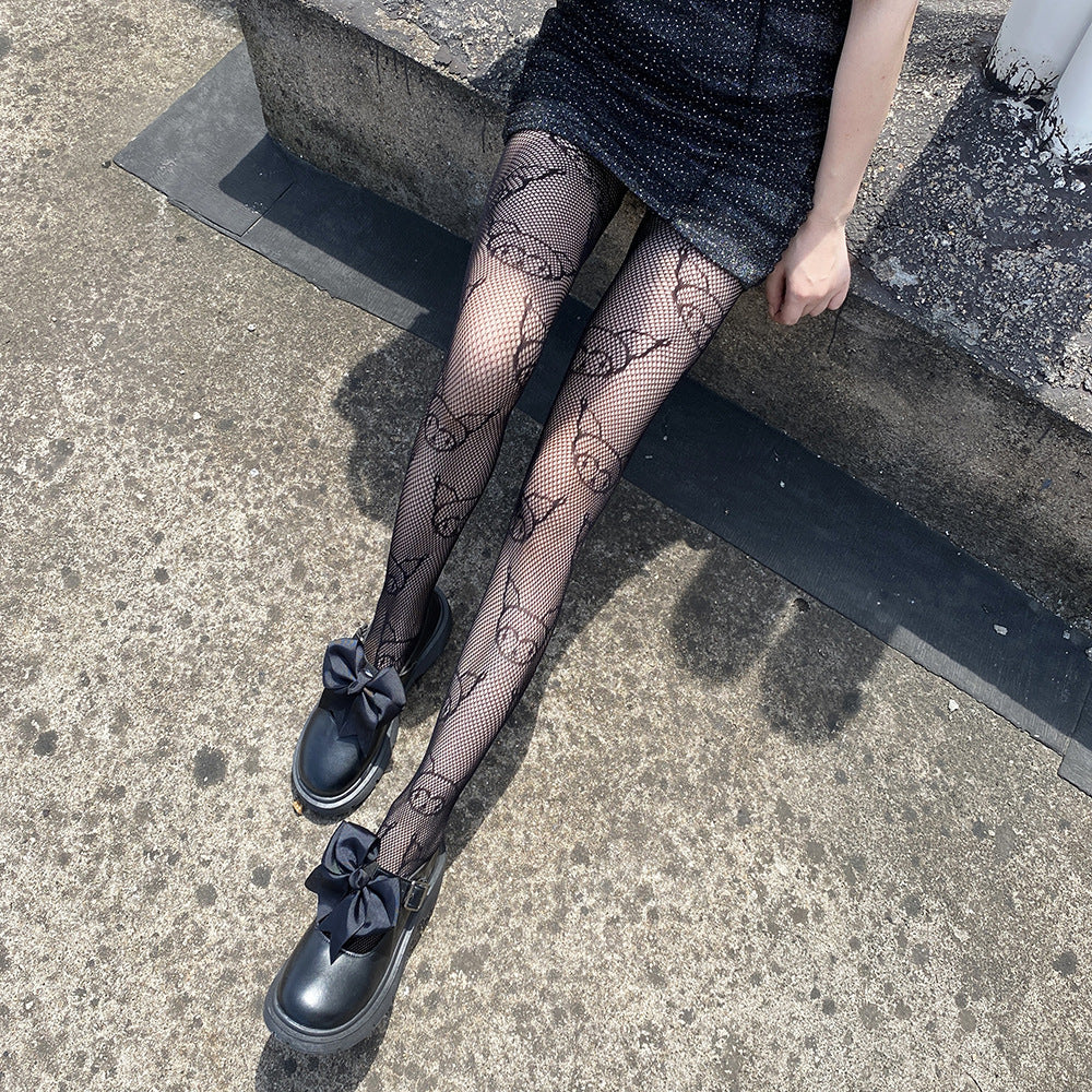 THIN HOLLOW JACQUARD KITTY PATTERN MESH SOCKS JK BOTTOM SOCKS