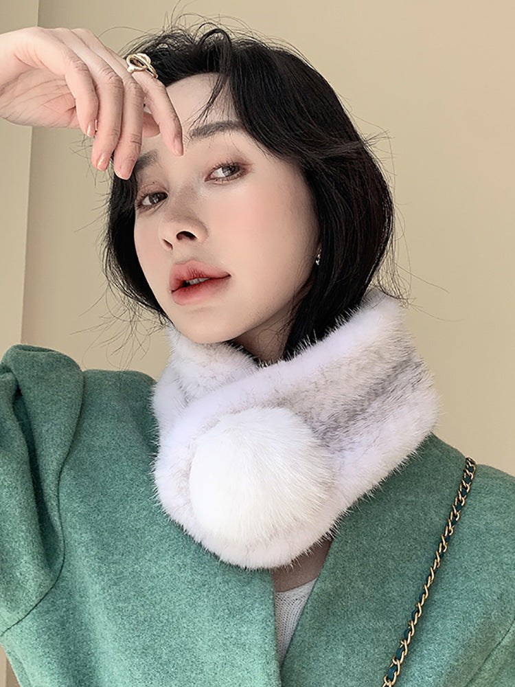 WARM MINK FUR SCARF WITH FOX POM POM - STYLISH WINTER ACCESSORY