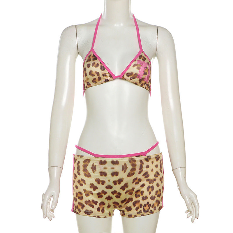 CONTRASTING SUSPENDER LEOPARD PRINT BIKINI HIGH WAIST HIP WRAP SHORTS SET