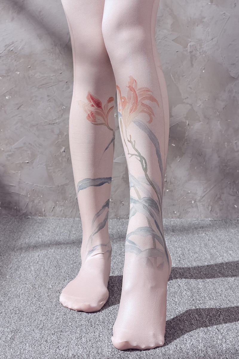 SPRING AND AUTUMN 120D RETRO ART SENSE ANCIENT PAINTING BLUEGRASS PLANT DESIGN PRINTED PANTYHOSE