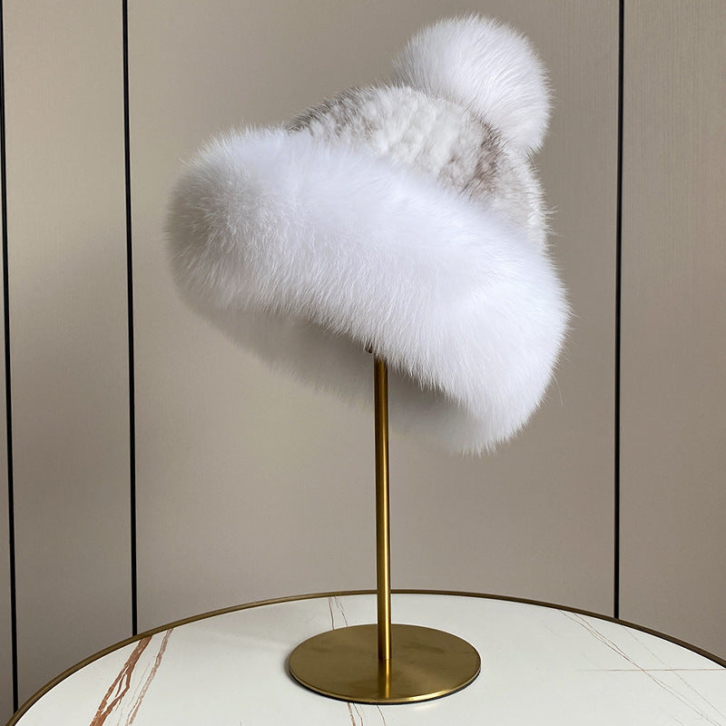 LUXURY MINK FUR HAT WITH BIG FOX POM POM
