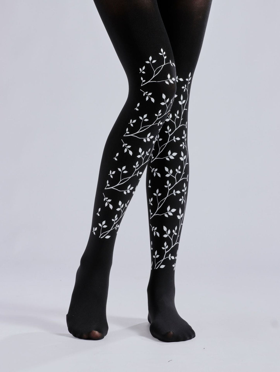 BLACK LEAF BRANCH PRINT LEGGINGS PANTYHOSE