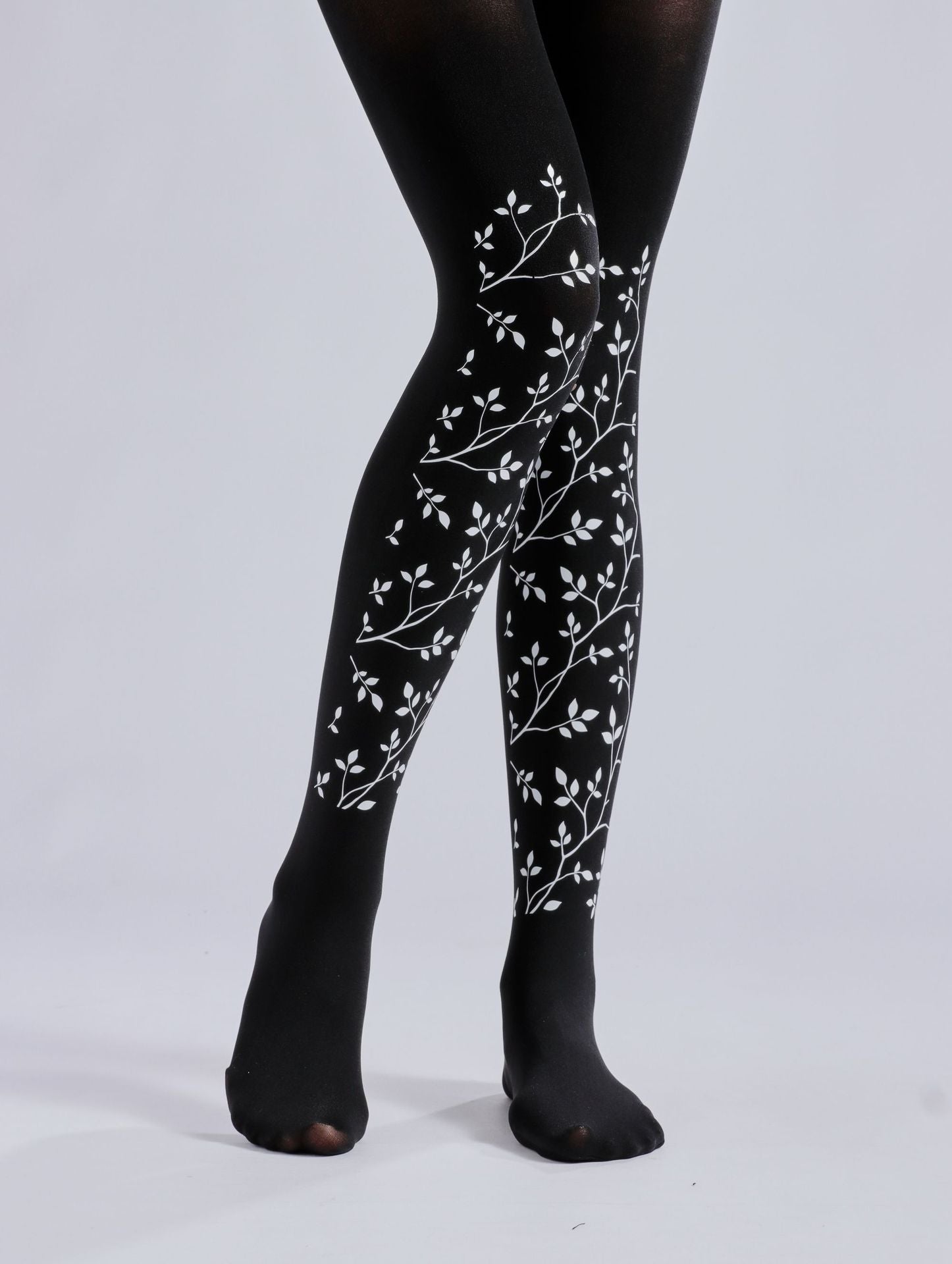 BLACK LEAF BRANCH PRINT LEGGINGS PANTYHOSE