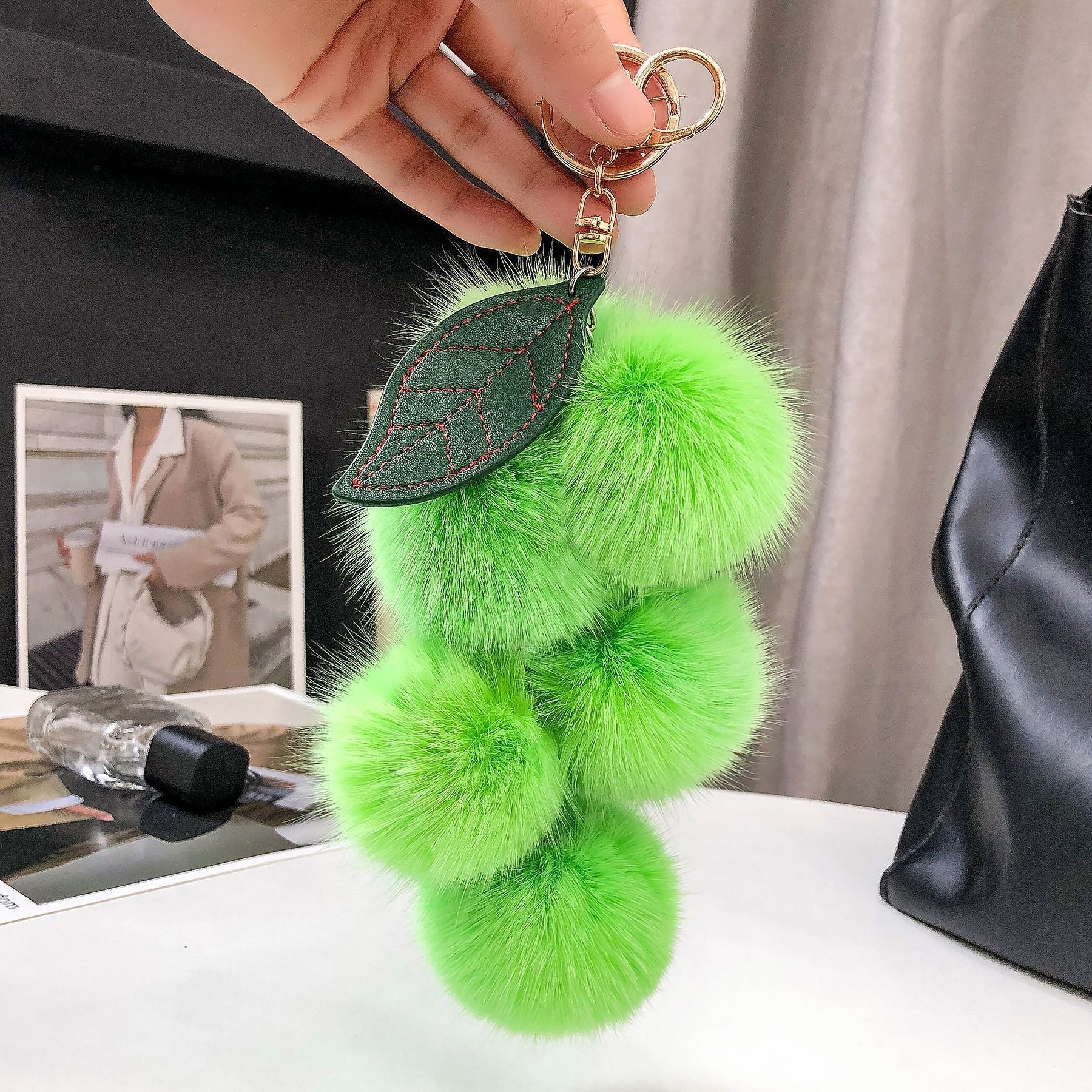 REAL FOX HAIR SMALL GRAPE KEYCHAIN BAG CHARM ACCESSORY