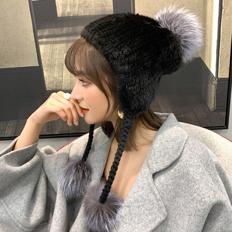 STYLISH MINK FUR HAT WITH FOX POM POM
