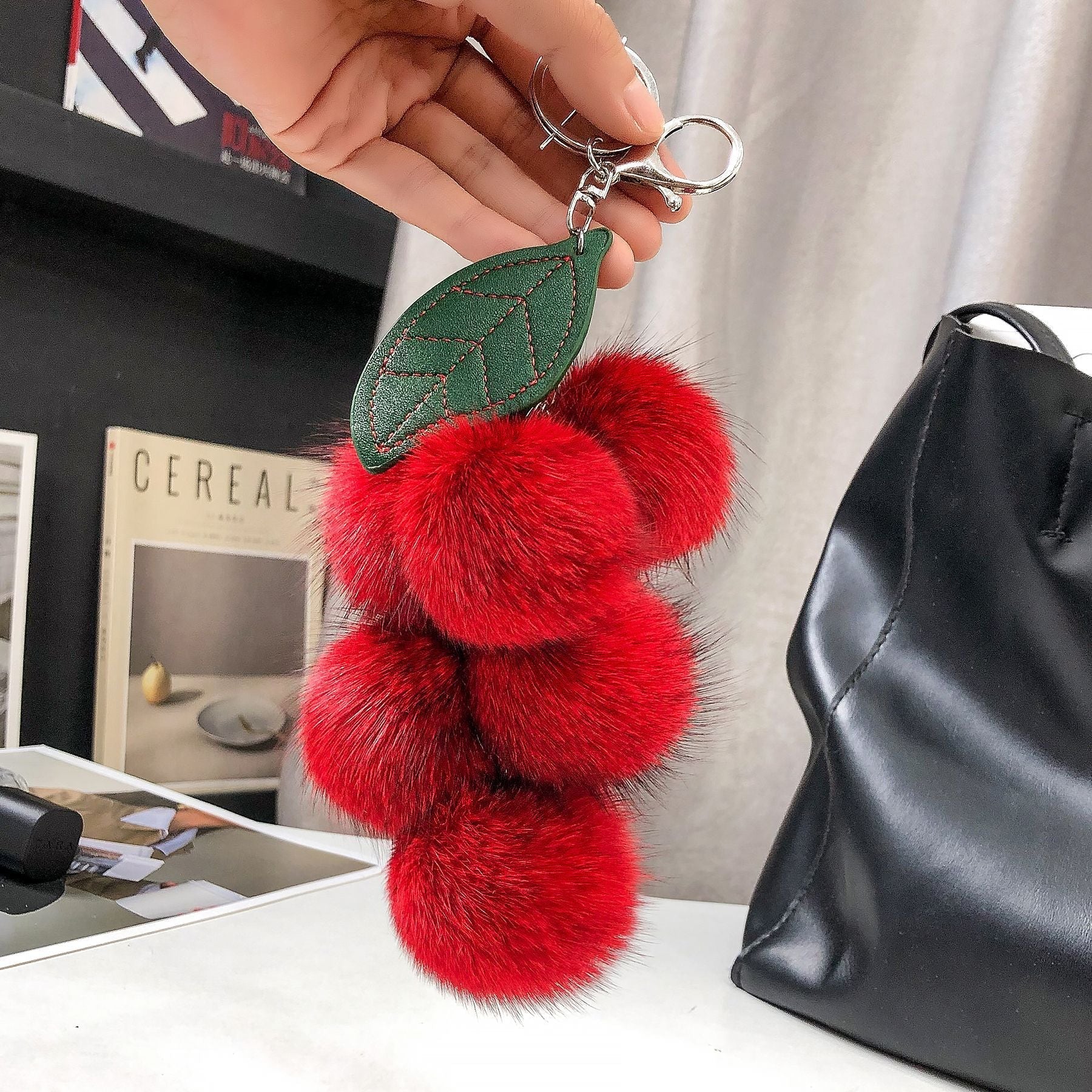 REAL FOX HAIR SMALL GRAPE KEYCHAIN BAG CHARM ACCESSORY