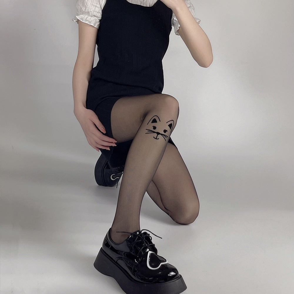 DARK WIND FLOCKING CAT ULTRA-THIN MEAT-THROUGH BLACK STOCKINGS JK GIRL PANTYHOSE