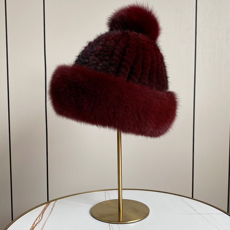 LUXURY MINK FUR HAT WITH BIG FOX POM POM
