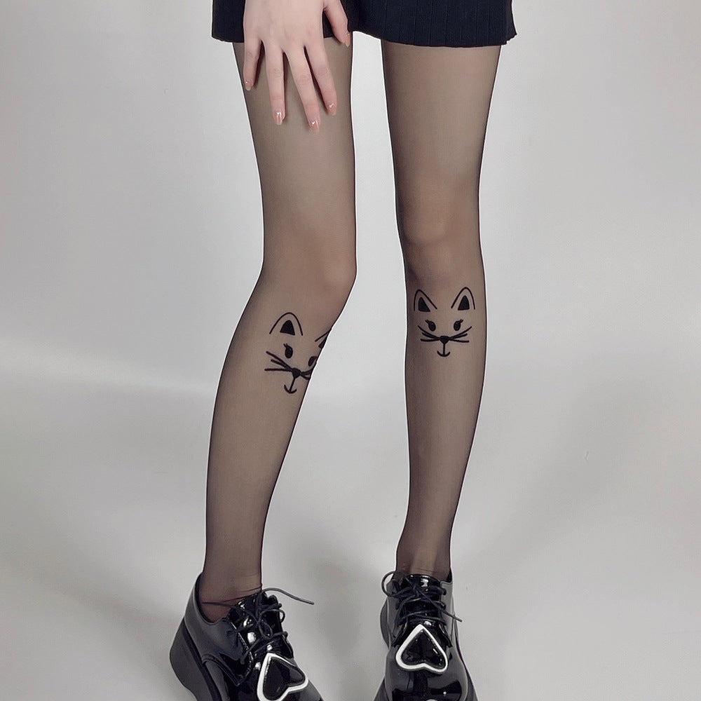 DARK WIND FLOCKING CAT ULTRA-THIN MEAT-THROUGH BLACK STOCKINGS JK GIRL PANTYHOSE