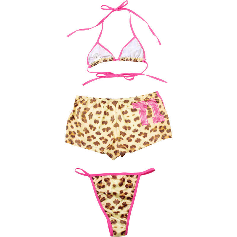 CONTRASTING SUSPENDER LEOPARD PRINT BIKINI HIGH WAIST HIP WRAP SHORTS SET