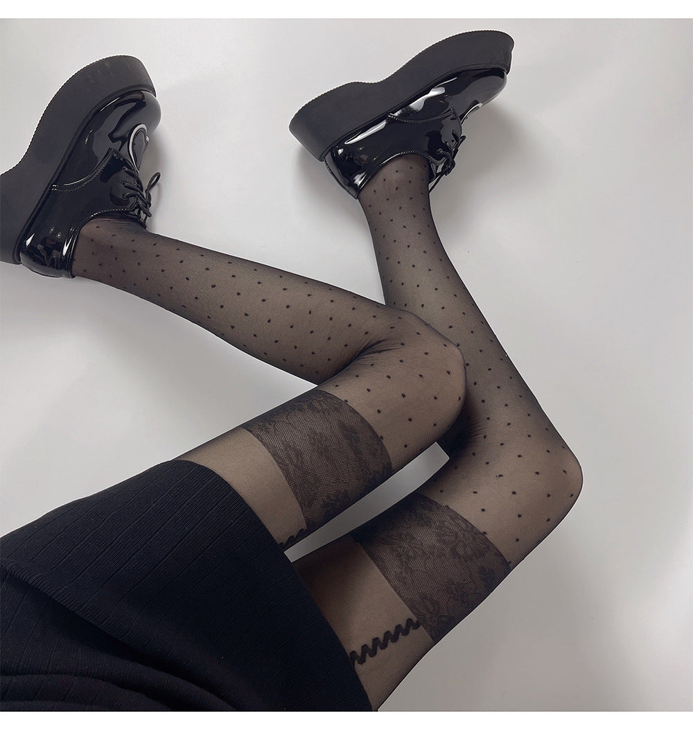 FASHION SPRING AND SUMMER ULTRA-THIN JAPANESE SWEET FAKE HIGH TUBE SUSPENDER POLKA DOT JACQUARD STOCKINGS PANTYHOSE