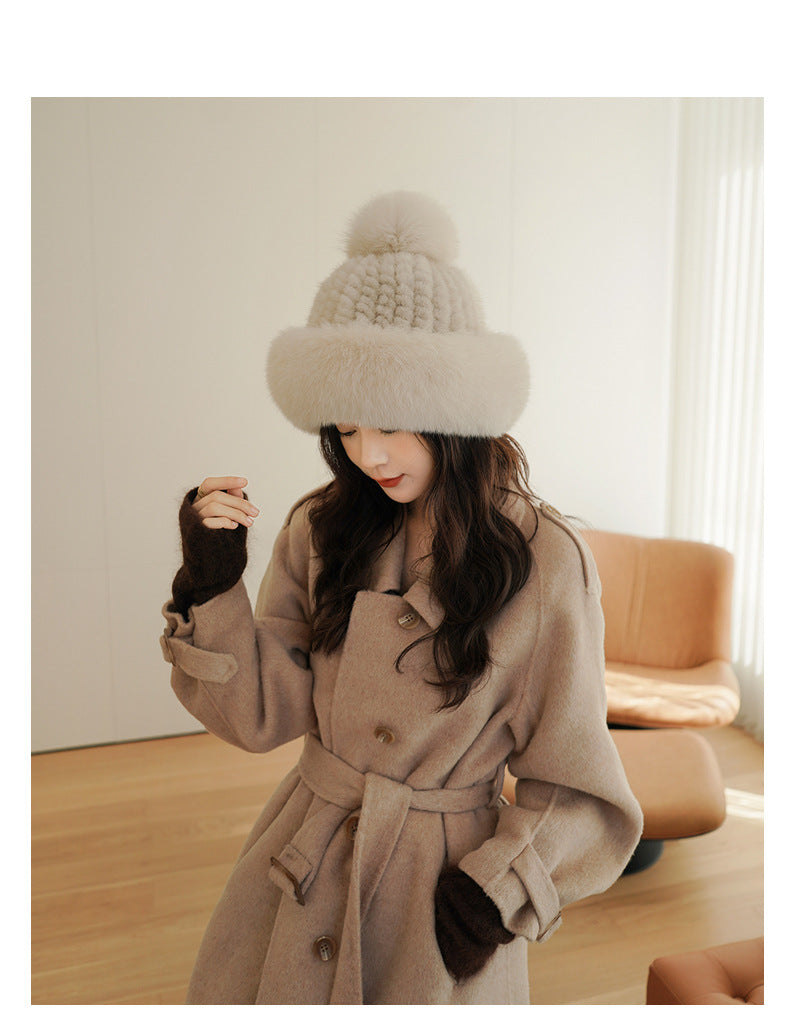 LUXURY MINK FUR HAT WITH BIG FOX POM POM