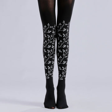 BLACK LEAF BRANCH PRINT LEGGINGS PANTYHOSE