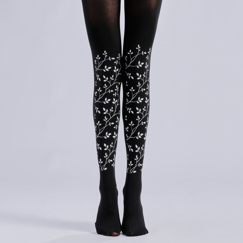 BLACK LEAF BRANCH PRINT LEGGINGS PANTYHOSE
