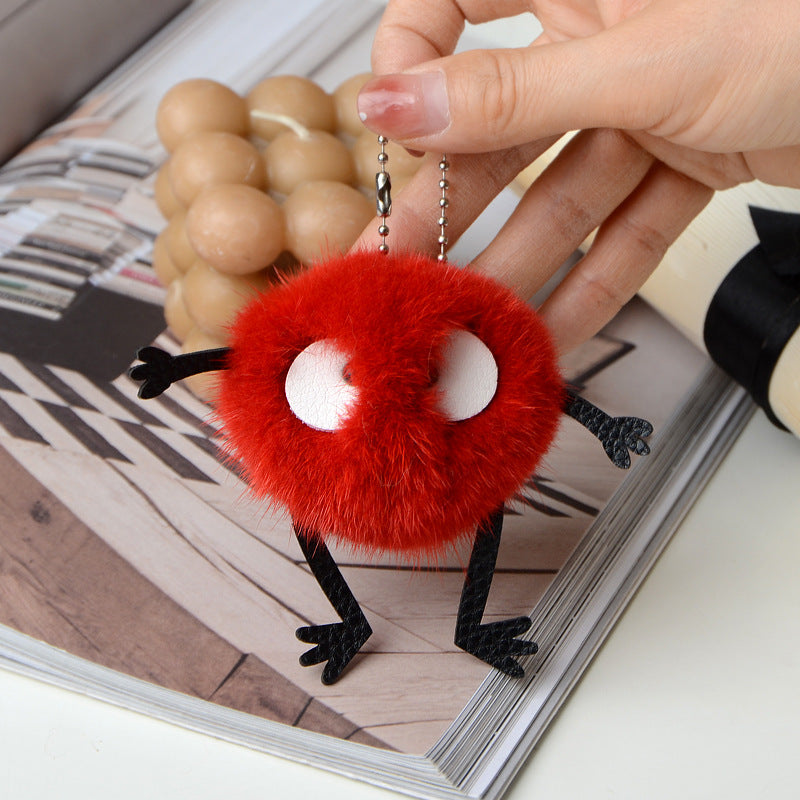 REAL MINK FUR FLUFFY ELF KEYCHAIN FOR CAR KEY OR BAG ACCESSORY