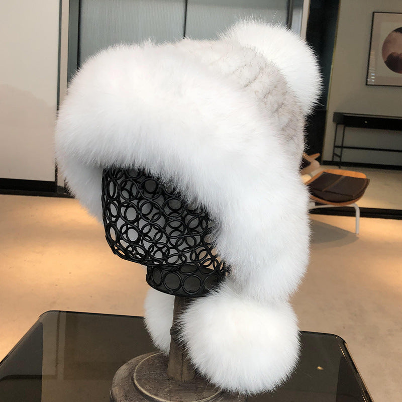 CUTE FOX FUR POM POM HAT - WOMEN'S WINTER EAR FLAP HAT
