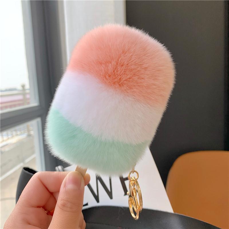 RABBIT FUR ICE CREAM BAG CHARM KEYCHAIN ACCESSORY