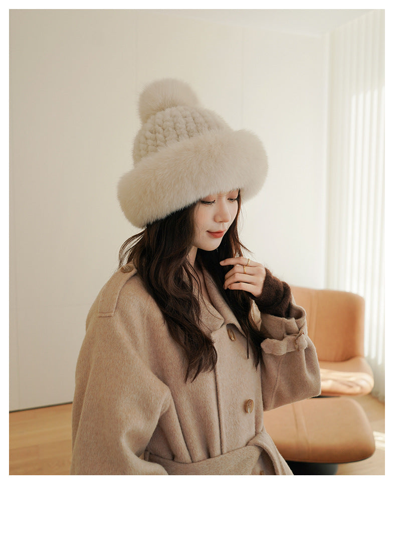 LUXURY MINK FUR HAT WITH BIG FOX POM POM