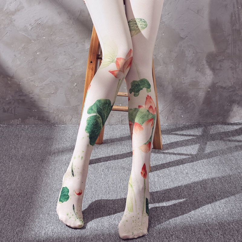 VINTAGE LOTUS PRINT GIRL STYLE RETRO SPRING AND AUTUMN PANTS PANTYHOSE