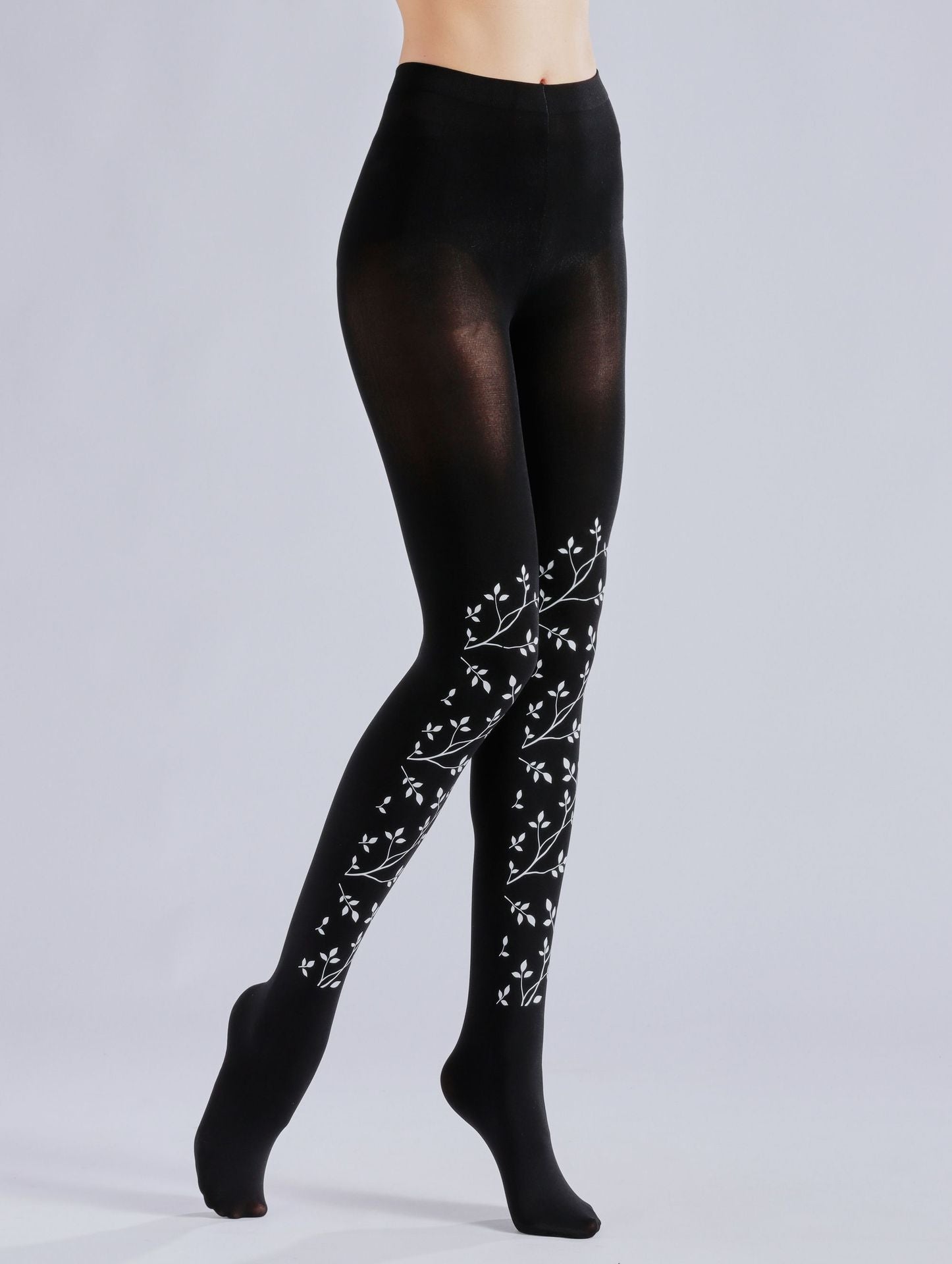 BLACK LEAF BRANCH PRINT LEGGINGS PANTYHOSE