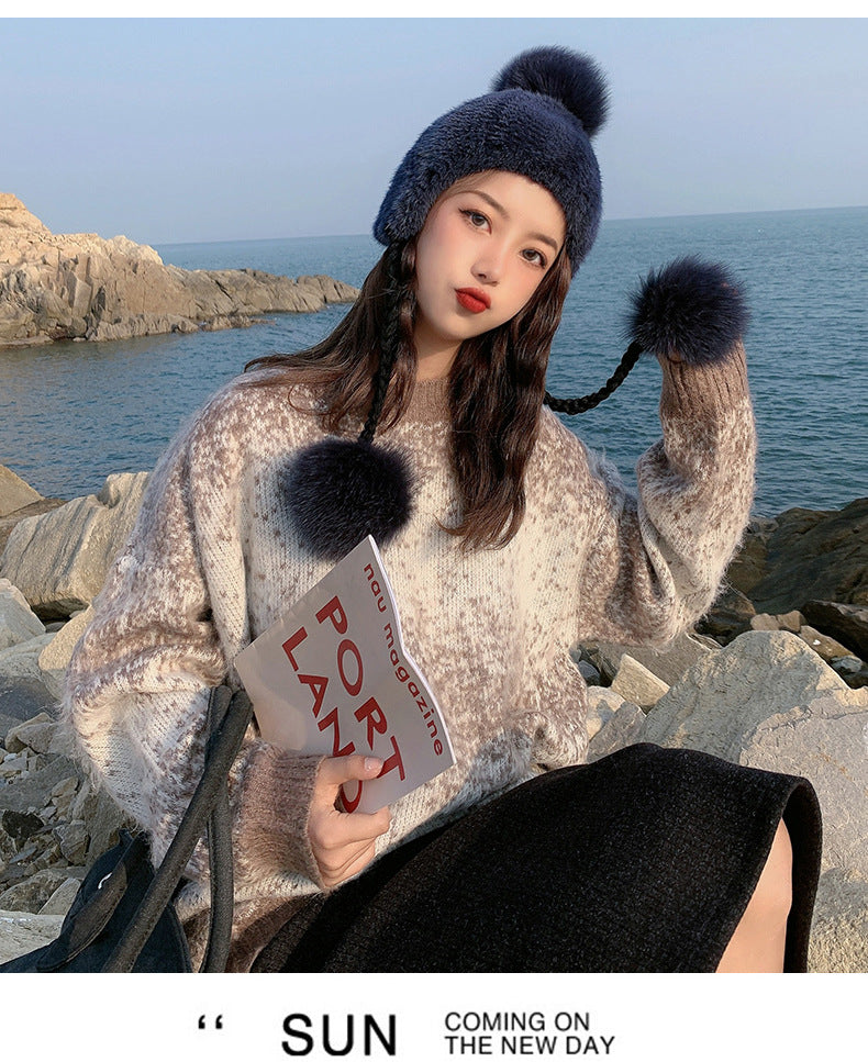 STYLISH MINK FUR HAT WITH FOX POM POM