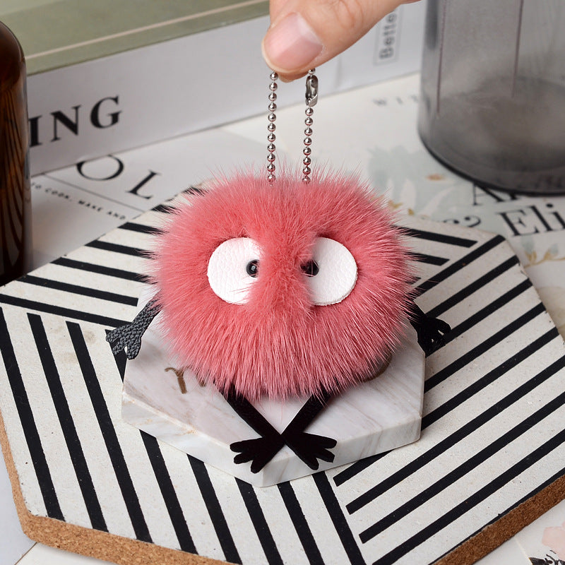 REAL MINK FUR FLUFFY ELF KEYCHAIN FOR CAR KEY OR BAG ACCESSORY