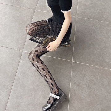 INS JAPANESE AB DIAMOND STRIPED LOVE JACQUARD HOLLOW MESH SOCKS PANTYHOSE