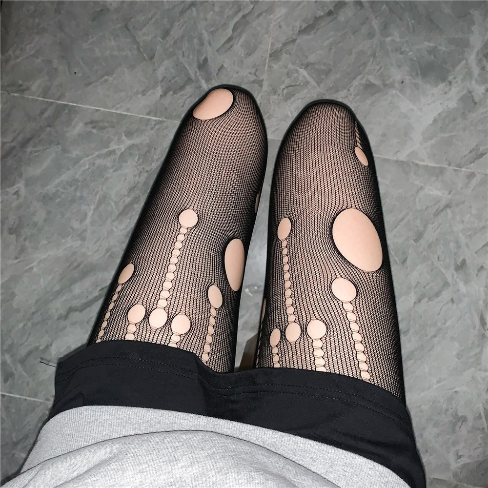 FASHION HOLLOW METEOR RIPPED MESH SOCKS JACQUARD PANTYHOSE