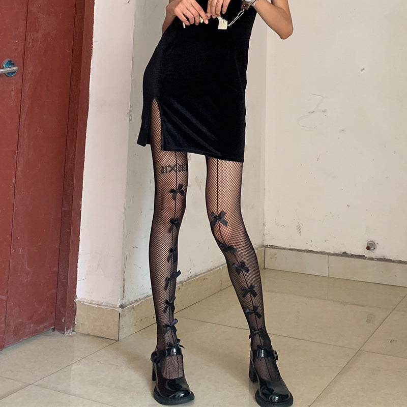 FASHION LONG BOW JK BIG GRID HOLLOWED-OUT PANTYHOSE