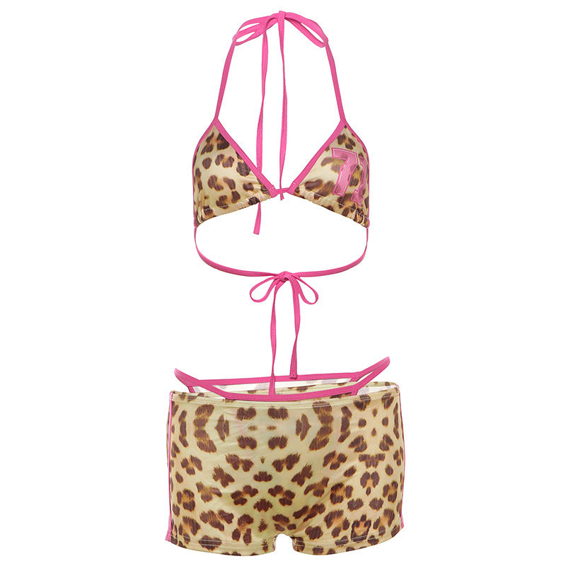 CONTRASTING SUSPENDER LEOPARD PRINT BIKINI HIGH WAIST HIP WRAP SHORTS SET