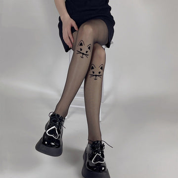 DARK WIND FLOCKING CAT ULTRA-THIN MEAT-THROUGH BLACK STOCKINGS JK GIRL PANTYHOSE