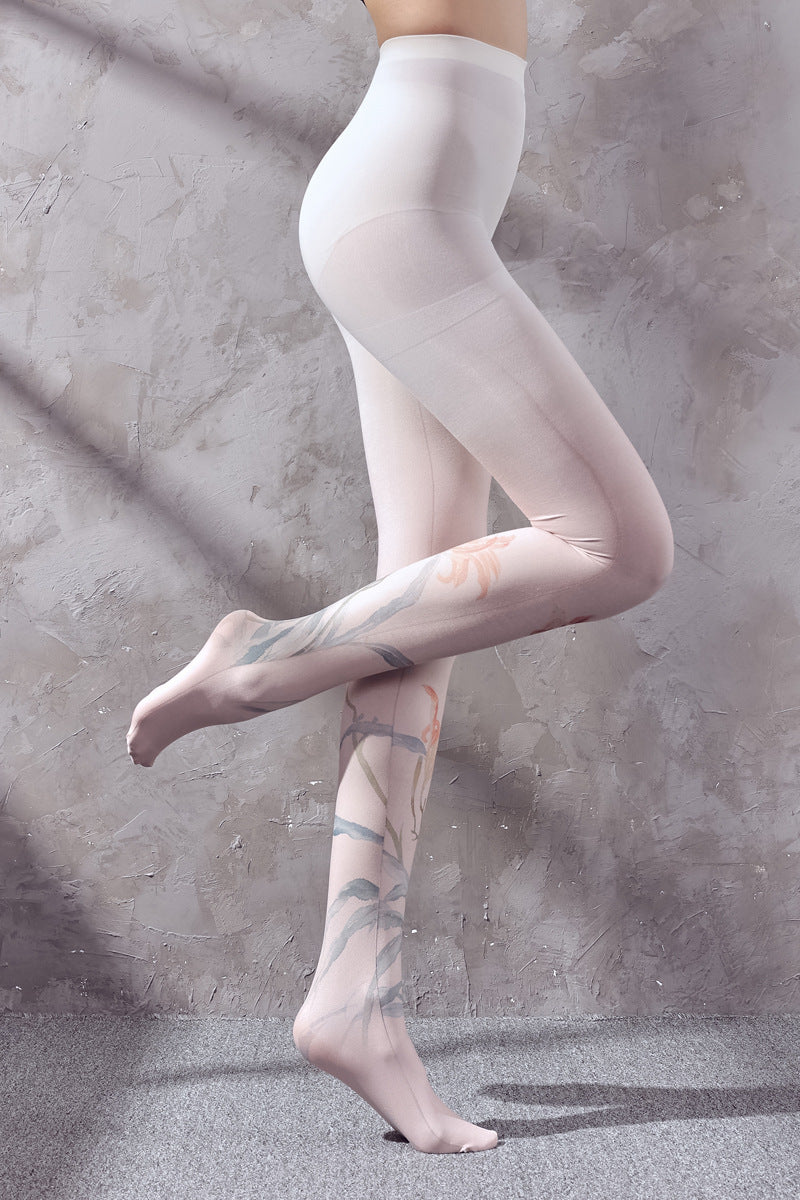 SPRING AND AUTUMN 120D RETRO ART SENSE ANCIENT PAINTING BLUEGRASS PLANT DESIGN PRINTED PANTYHOSE