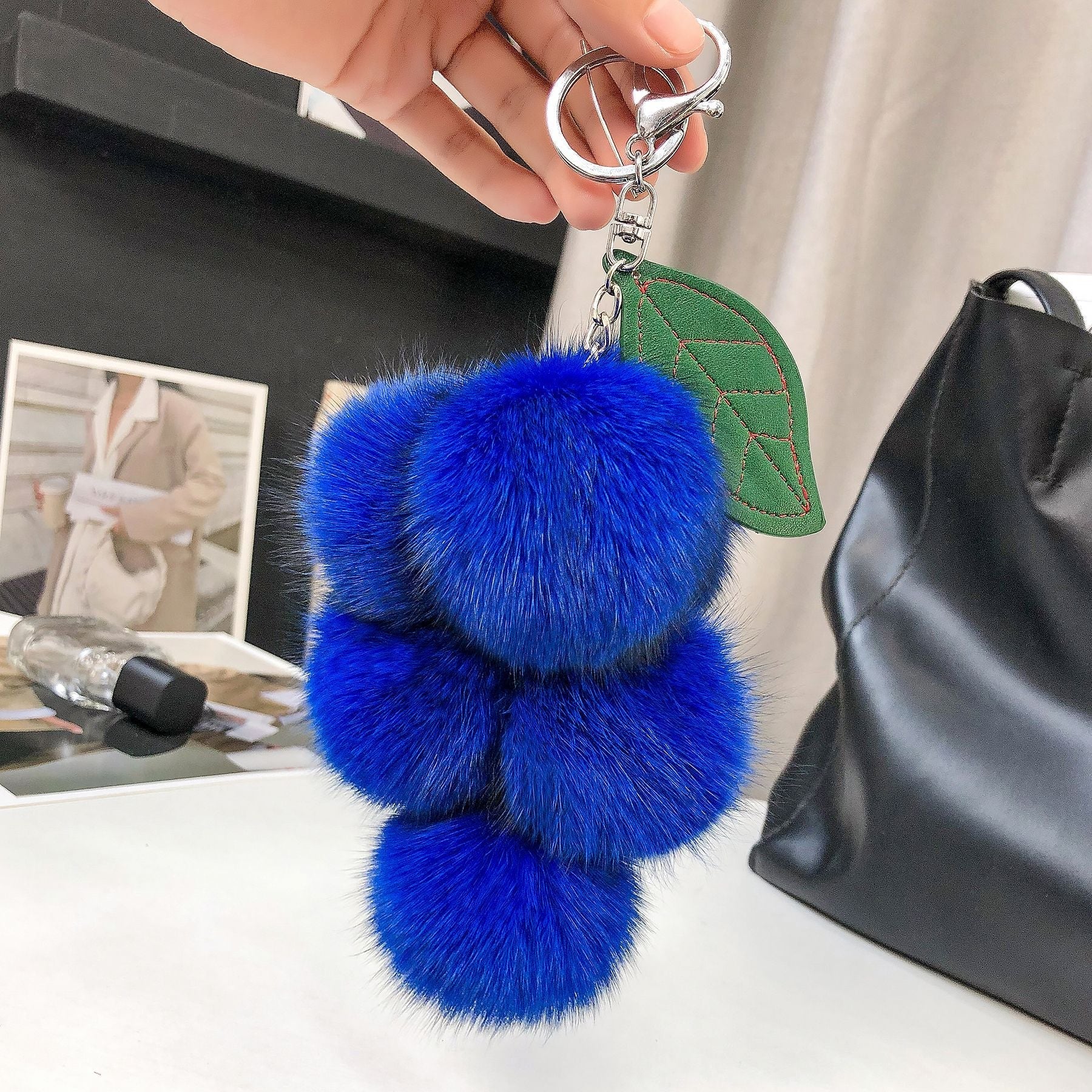 REAL FOX HAIR SMALL GRAPE KEYCHAIN BAG CHARM ACCESSORY