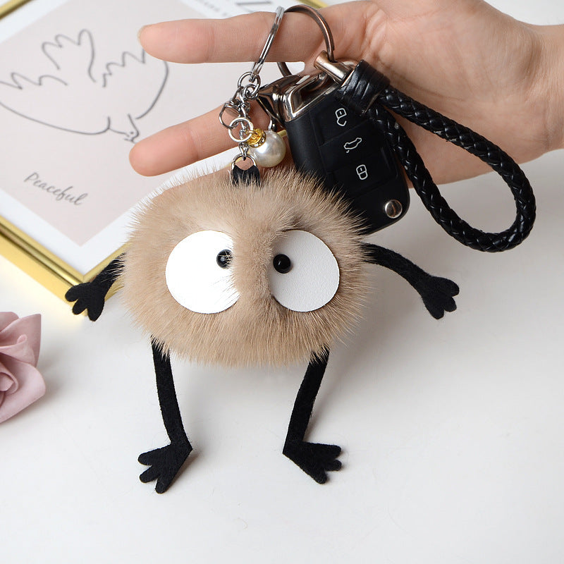 REAL MINK FUR FLUFFY ELF KEYCHAIN FOR CAR KEY OR BAG ACCESSORY