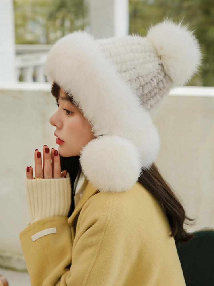 CUTE FOX FUR POM POM HAT - WOMEN'S WINTER EAR FLAP HAT
