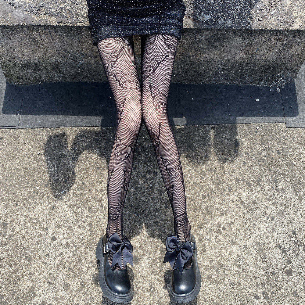 THIN HOLLOW JACQUARD KITTY PATTERN MESH SOCKS JK BOTTOM SOCKS