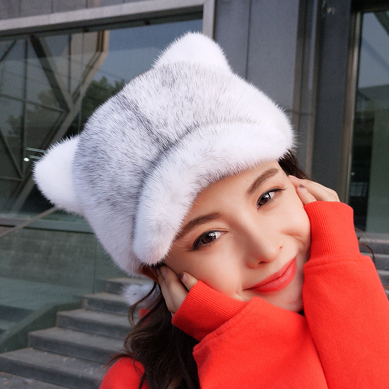 CUTE MINK FUR CAT EAR BASEBALL CAP