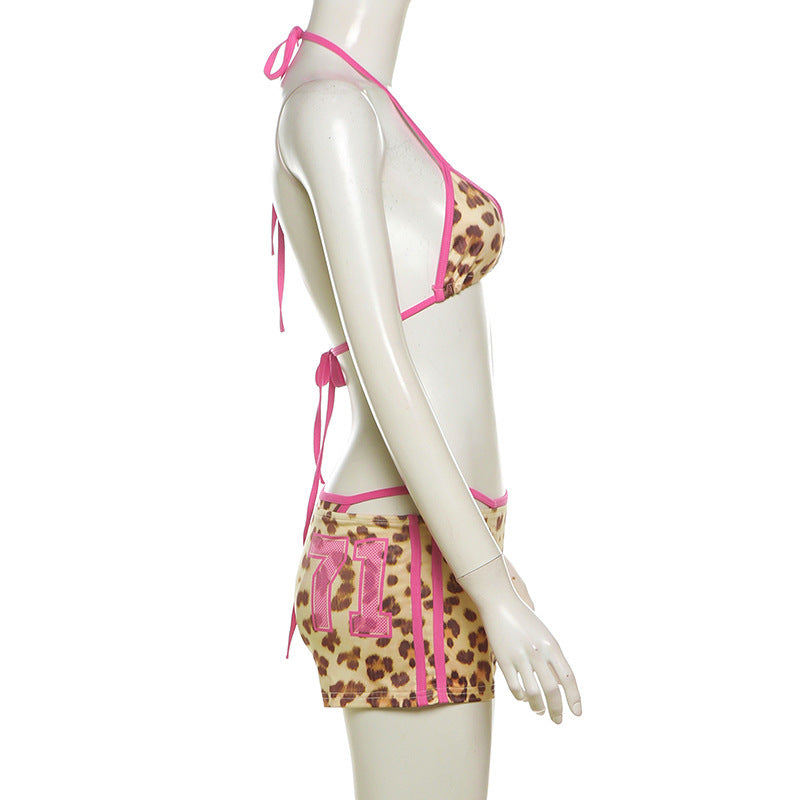 CONTRASTING SUSPENDER LEOPARD PRINT BIKINI HIGH WAIST HIP WRAP SHORTS SET