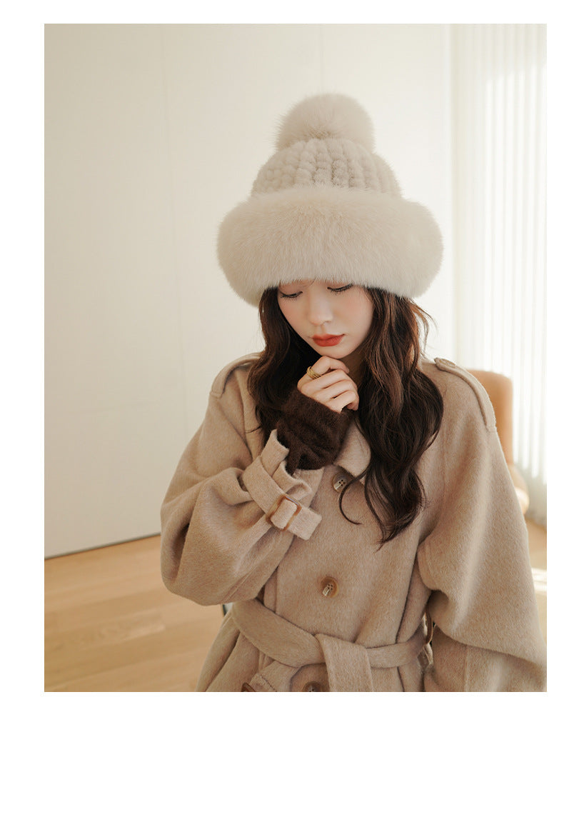 LUXURY MINK FUR HAT WITH BIG FOX POM POM