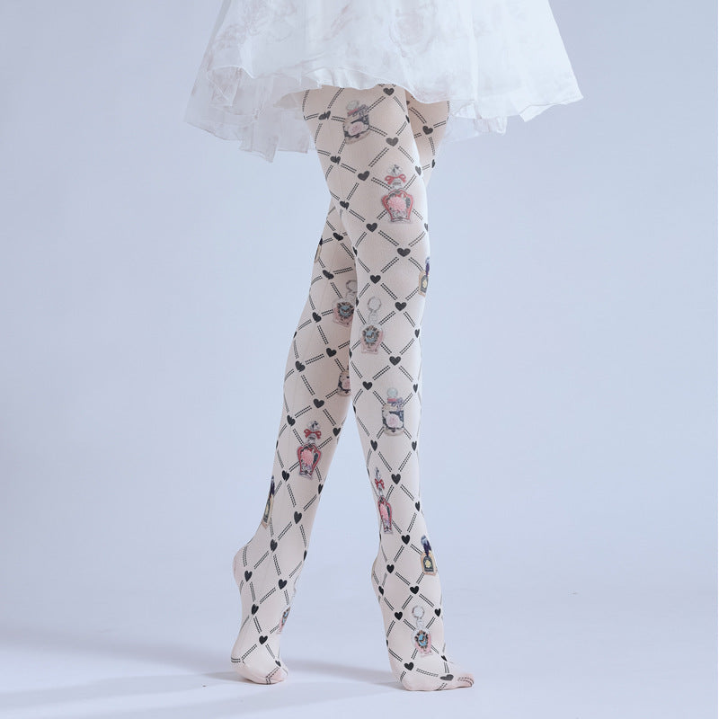 RHOMBUS GRID PATTERN PRINTED PERFUME BOTTLE PATTERN LEGGINGS CUTE COS PANTYHOSE