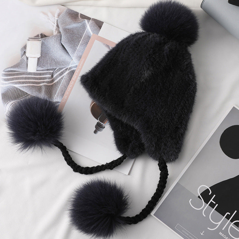 STYLISH MINK FUR HAT WITH FOX POM POM