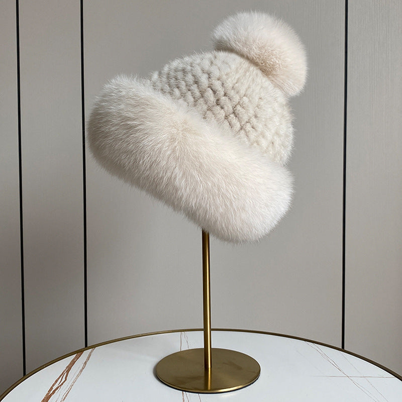 LUXURY MINK FUR HAT WITH BIG FOX POM POM