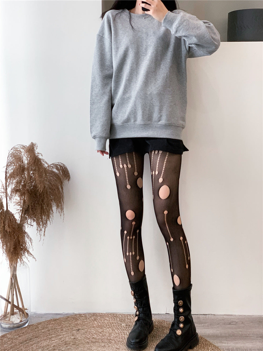 FASHION HOLLOW METEOR RIPPED MESH SOCKS JACQUARD PANTYHOSE