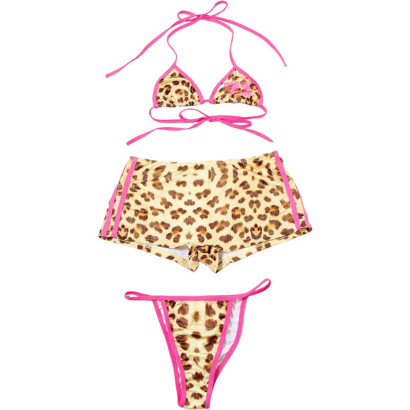 CONTRASTING SUSPENDER LEOPARD PRINT BIKINI HIGH WAIST HIP WRAP SHORTS SET