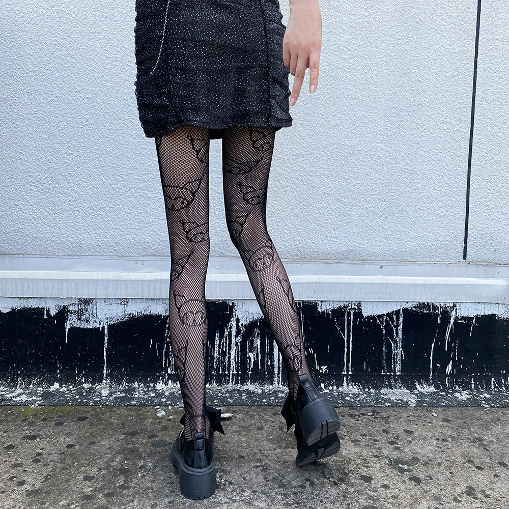 THIN HOLLOW JACQUARD KITTY PATTERN MESH SOCKS JK BOTTOM SOCKS
