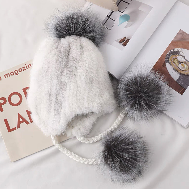 STYLISH MINK FUR HAT WITH FOX POM POM