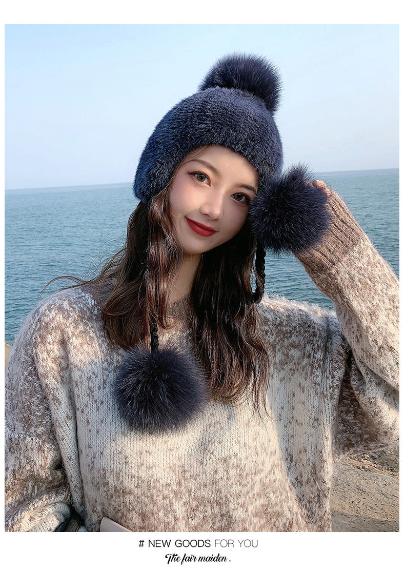 STYLISH MINK FUR HAT WITH FOX POM POM