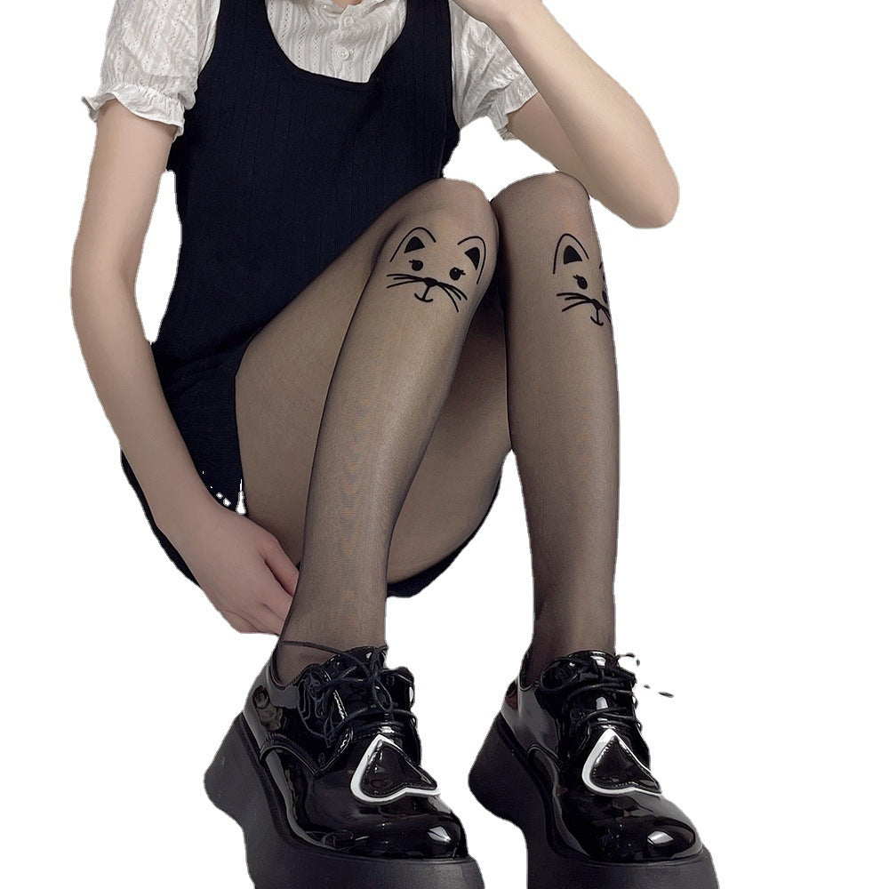 DARK WIND FLOCKING CAT ULTRA-THIN MEAT-THROUGH BLACK STOCKINGS JK GIRL PANTYHOSE